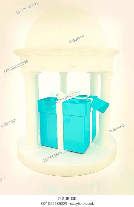 Gift box in rotunda on a white background. 3D illustration. Vintage style