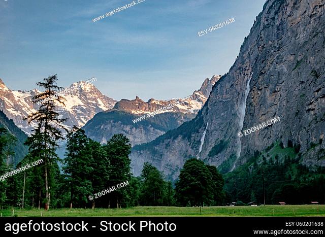 Lauterbrunnen Valley with Waterfalls - Small Rural and Picturesque Village - Jungfrau Region in Summer - Swiss Alps, Switzerland