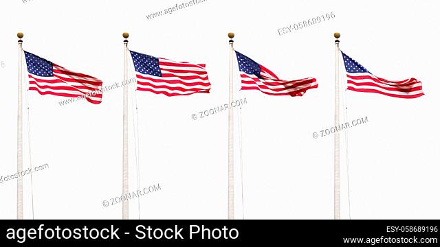 An image of four flags of the USA isolated on white sky background