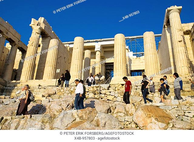 People coming out of Acropolis through Beule Gate in Athens Greece Europe