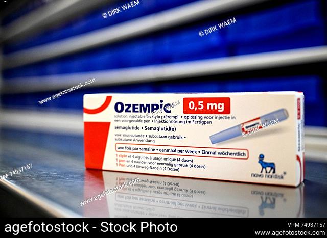 This recent archive picture, taken 17 August 2023 and distributed Tuesday 26 September 2023, shows a package with Ozempic medicine at a hospital in Bonheiden