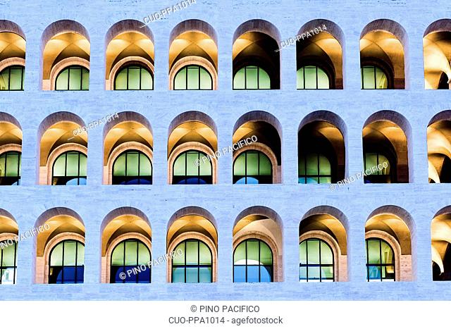 Palazzo della Civilta Italiana, Palace of Italian Civilization at dusk, EUR district, Rome, Lazio, Italy, Europe
