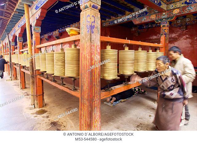 buddhist pilgrims action pray wheels suring the sacred kora in the ramoche temple. lhasa. lhasa prefecture. tibet. china. asia
