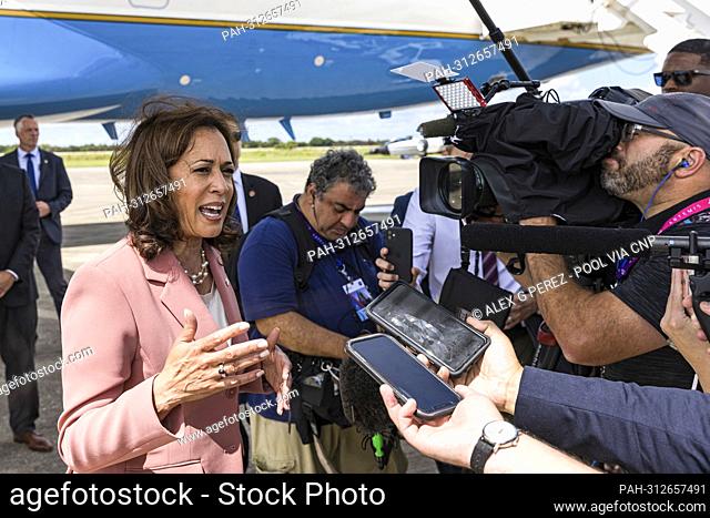 United States Vice President Kamala Harris speaks to members of the media after a tour of Artemis II and III hardware after visiting to view NASA’s Space Launch...