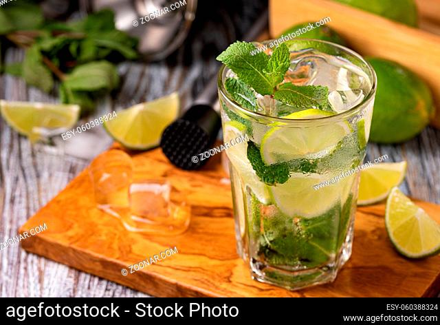 Fresh Mojito cocktail with lime, mint and ice