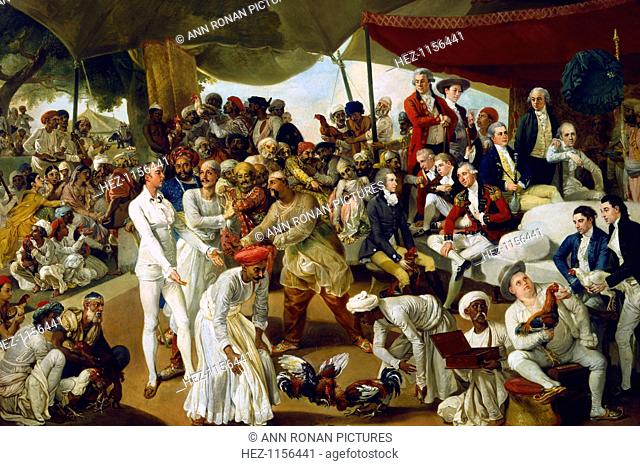 'Colonel Mordaunt watching a cock fight at Lucknow', India, 1790. In an open-sided tent, East India Company officers and administrators sit and stand under a...