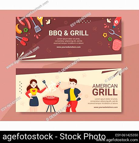 BBQ or Barbecue Horizontal Banner Template Flat Cartoon Background Vector Illustration