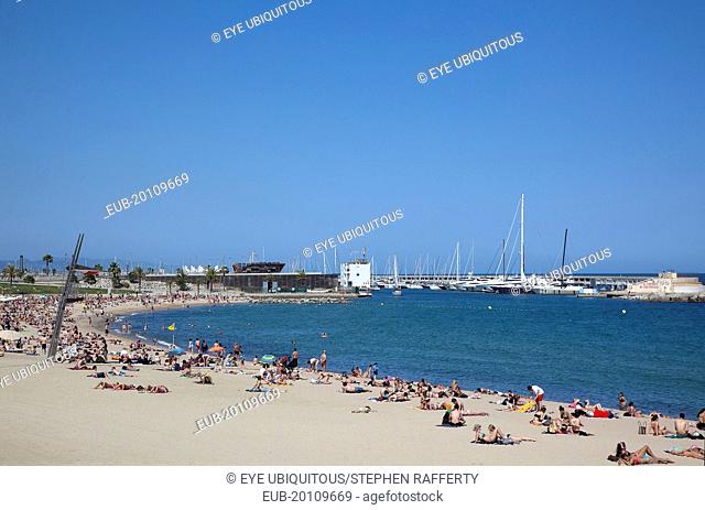 Barceloneta, Playa de St Sebastia, view along beach toward Port Olimpic