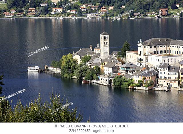Landscape of San Giulio Island on Lake Orta, Novara, Piedmont, Italy