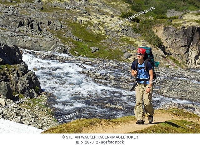 Young woman hiking, backpacking, hiker with backpack, historic Chilkoot Trail, Chilkoot Pass, creek behind, near Happy camp, alpine tundra, Yukon Territory