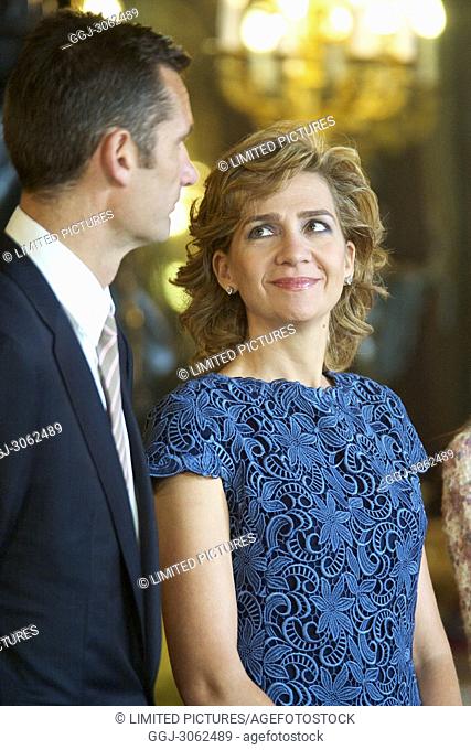 Spanish King Juan Carlos, Queen Sofia, Princes Felipe, Princess Letizia, Princess Elena, Princess Cristina and Inaqui Urdangarin attend the Reception at Royal...