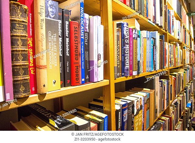 shelves with books in bookstore in Copenhagen, Denmark
