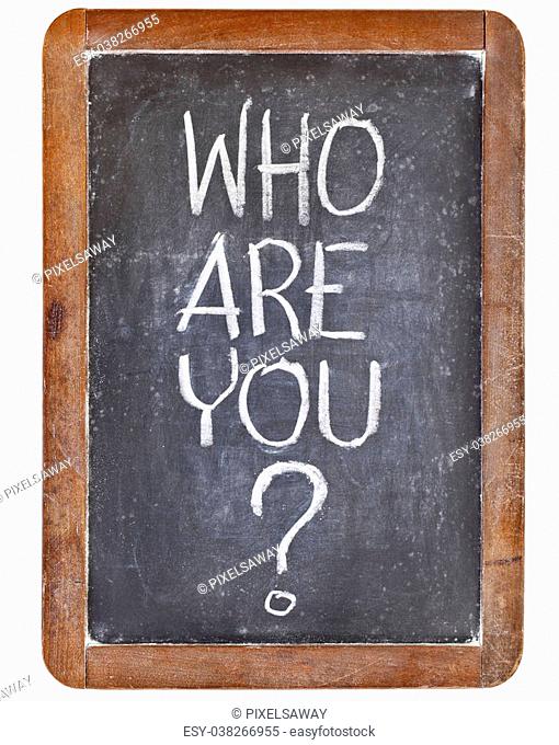 who are you question - white chalk handwriting on vintage slate blackboard, isolated on white