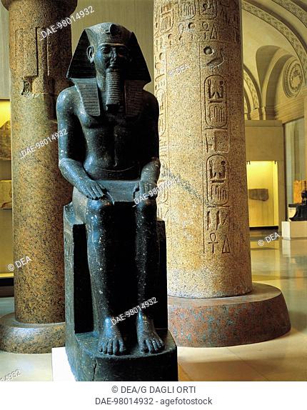 Egyptian civilization, New Kingdom, Dynasty XIX. Diorite statue of Ramses II, height 259 cm. From Tanis.  Paris, Musée Du Louvre