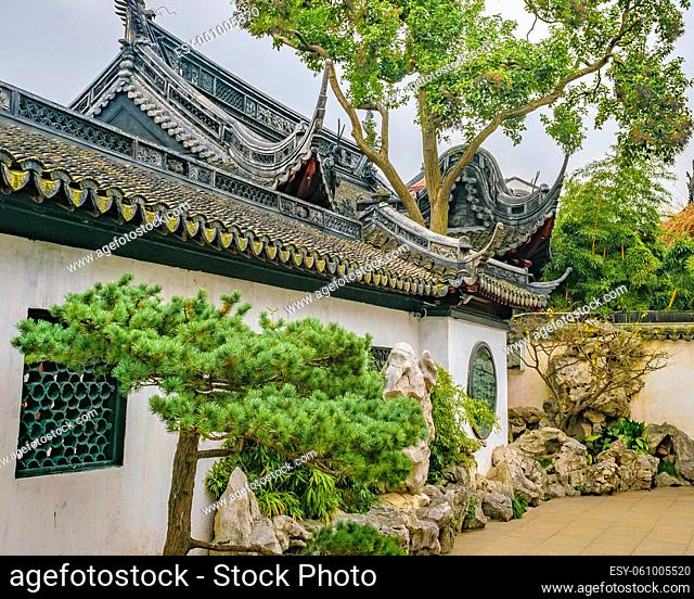 SHANGHAI, CHINA, DECEMBER - 2018 - Sixteenth century touristic Yuyuan garden located at historic center of shanghai, china