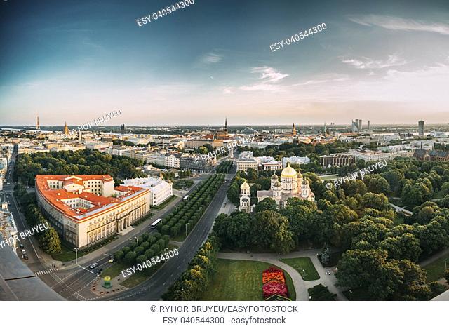 Riga, Latvia. Cityscape. Top View Of Buildings Ministry Of Justice, Supreme Court, Cabinet Of Ministers In Summer Evening. Aerial View