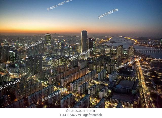 Korea, Asia, Seoul, Yeouido, aerial, apartments, architecture, blocks, center, city, colourful, financial, geometry, international, order, panorama, lights