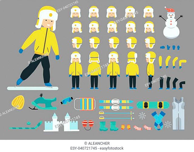 A boy on winter vacation set. Ready to use character set. Icons with different types of faces and hair style, emotions, front, rear side view of kid person