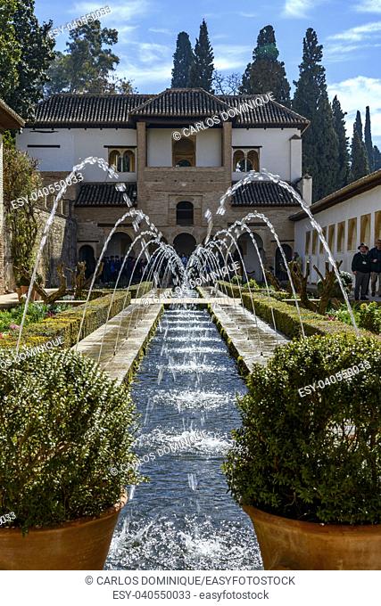 Water garden in the Palace of Generalife in the Alhambra Granada, Spain