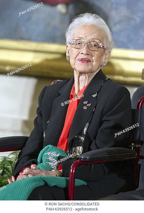 Katherine G. Johnson, a NASA mathematician, awaits her turn to receive the Presidential Medal of Freedom from United States President Barack Obama during a...