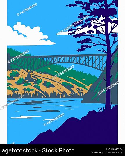 Retro WPA illustration of Deception Pass State Park with Whidbey Island and Fidalgo Island, in Washington State. USA done in works project administration or...
