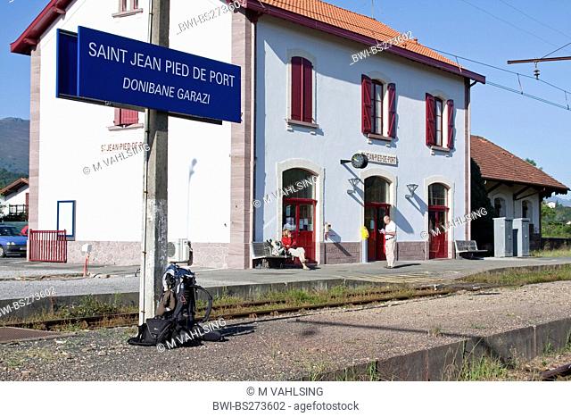 rucksack at station of St.-Jean-Pied-de-Port, start of the classic Camino de Santiago, France, Pyrnnes-Atlantiques, Basque country, St