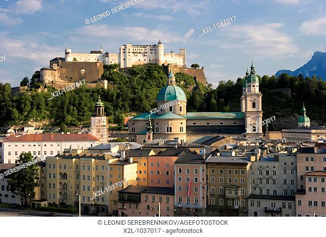 View from Kapuzinerberg mountain towards the old town of Salzburg  Austria