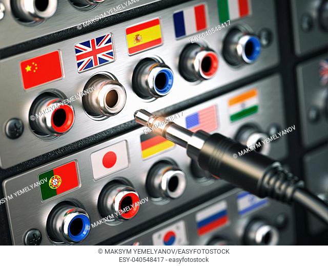 Select language. Learning, translate languages or audio guide concept. Audio input output control panel with flags and plug. 3d illustration