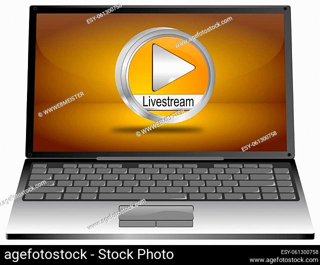 Laptop computer with orange Livestream Button on orange desktop - 3D illustration