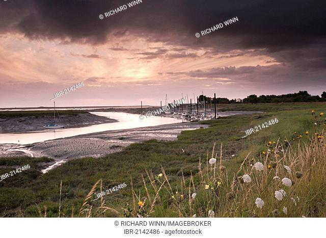 The Brue estuary near Burnham-on-Sea, with the sun shining through the clouds close to sunset, Somerset, England, United Kingdom, Europe