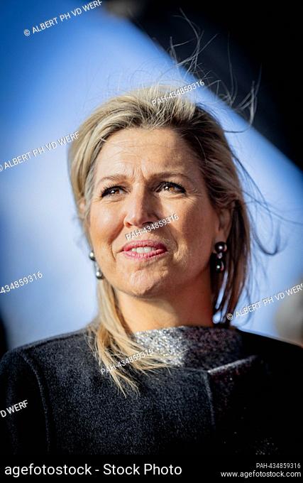 Queen Maxima of The Netherlands arrives at Oomen Opslag & Verhuizers in Katwijk, on November 15, 2023, to attend the presentation of the Annual Report State of...