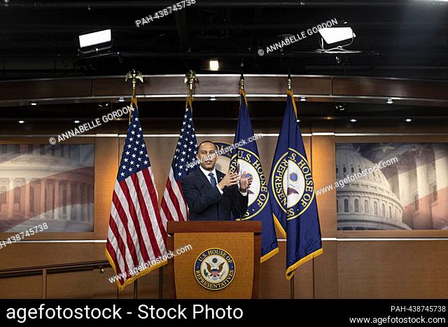 United States House Minority Leader Hakeem Jeffries (Democrat of New York) speaks at his weekly press conference in the Capitol in Washington, D.C