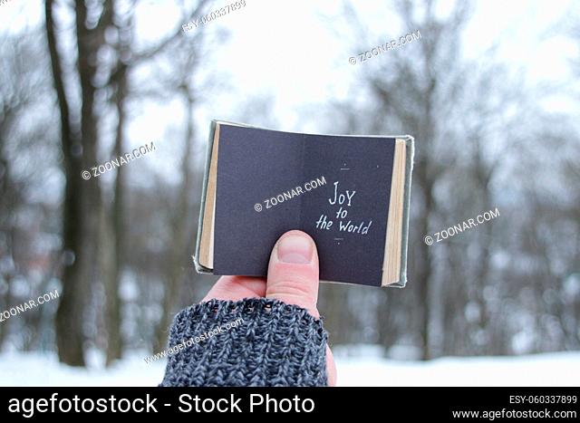 Joy To The World. A hand holds a book with an inscription on the background of a winter park
