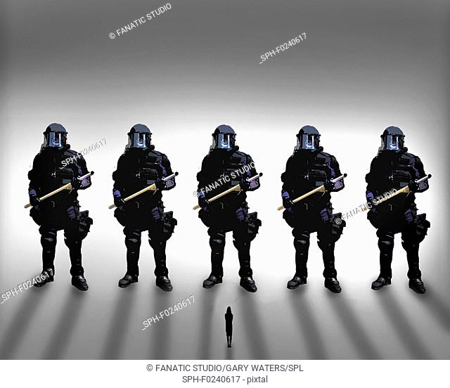 Conceptual illustration showing a group of heavily armoured riot police facing a single woman depicting over use of police and military force at demonstrations