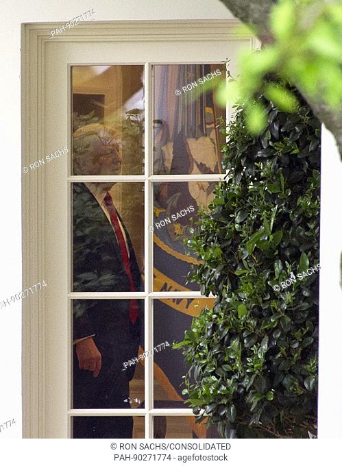 United States President Donald J. Trump in the Oval Office prior to departing the South Lawn of the White House in Washington, DC en route to Harrisburg