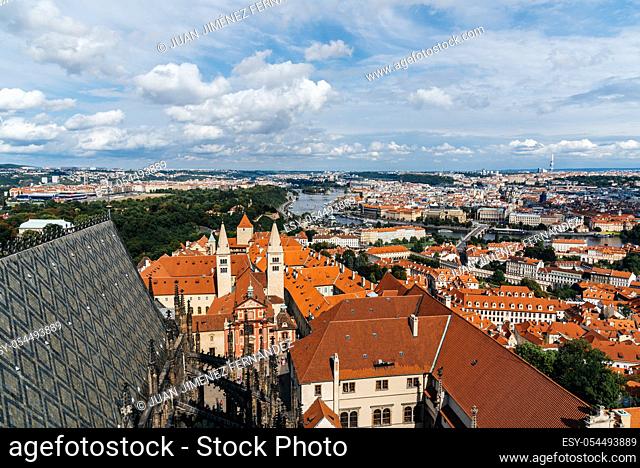 Cityscape of Prague from tower of Cathedral against sky