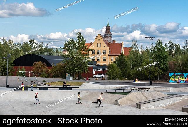 Falun, Dalarna - Sweden - 08 05 2019: Kids playing at a concrete playground
