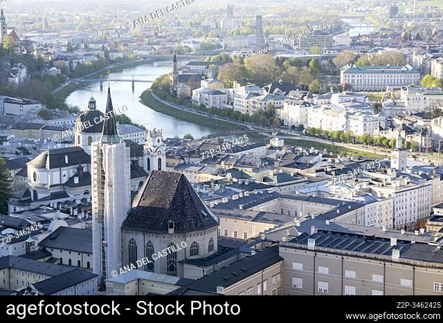SALZBURG AUSTRIA ON APRIL 17, 2019: Historic town of Salzburg with Salzach river Austria from the top of the castle Hohensalzburg Fortress