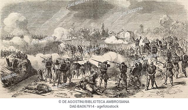 Conquest of the cemetery of Melegnano by the first Zouave regiment, supported by the 10th Chasseurs a pied regiment, Second Italian War of Independence, Italy