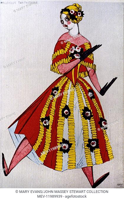 Costume design by Bakst for the ballet La Boutique Fantasque (The Magic Toyshop), with music by Massine, a dancing doll, in a production by Diaghilev's Ballets...
