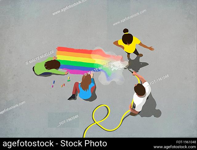 Frustrated woman confronting man hosing off sidewalk chalk rainbow