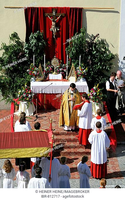Altar next to a street during the Corpus Christi procession, Muehldorf am Inn, Upper Bavaria, Germany, Europe