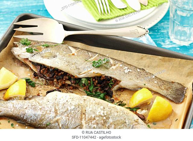 Stuffed trout with buckwheat and herbs