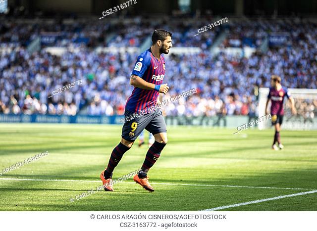 Luis Suarez, Barcelona player in action during a Spanish League match between Real Sociedad and Barcelona