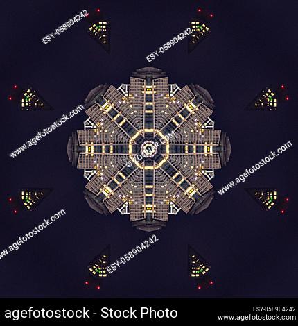 Skyscraper pattern in San Francisco Bay area. Geometric kaleidoscope pattern on mirrored axis of symmetry reflection. Colorful shapes as a wallpaper for...