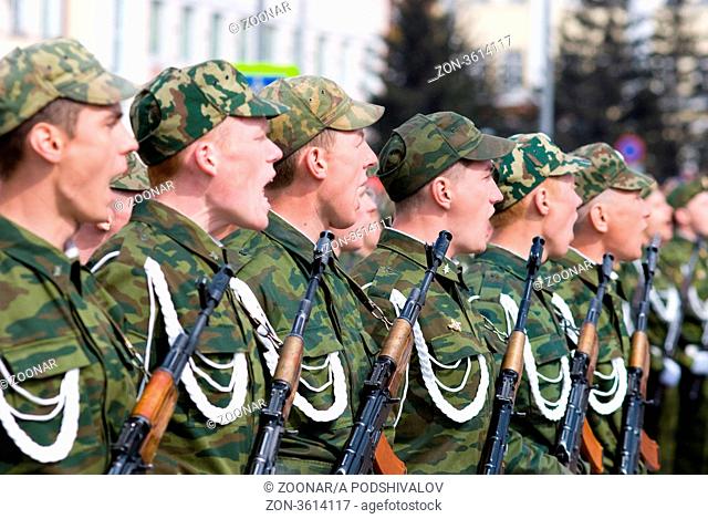 ULAN-UDE, RUSSIA - MAY 9: Young russian soldiers greet the commander at the parade on annual Victory Day, May, 9, 2009 in Ulan-Ude, Buryatia, Russia