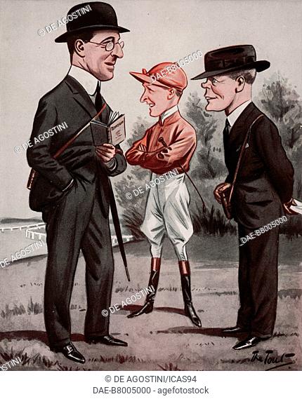 Lord Howard de Walden, Jack Leach, and Dawson Waugh, cartoon by Peter Ronald Buchanan, known as The Tout, from The Tatler, No 1364, August 17, 1927, London