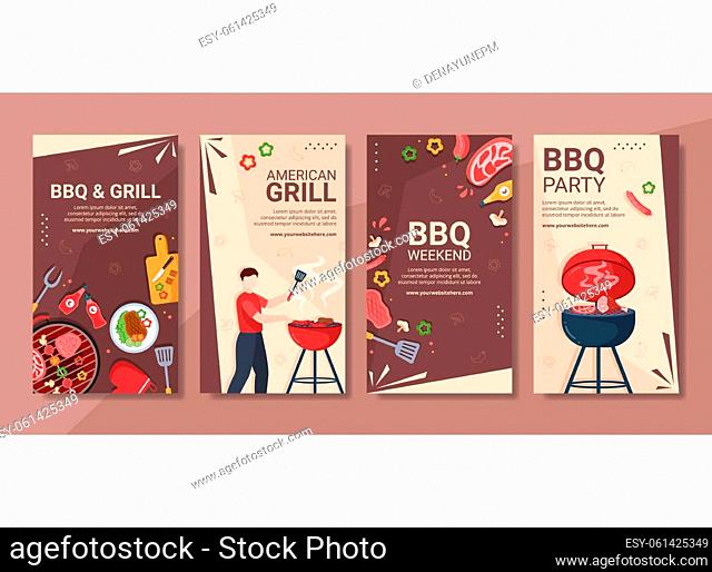 BBQ or Barbecue Social Media Stories Template Flat Cartoon Background Vector Illustration