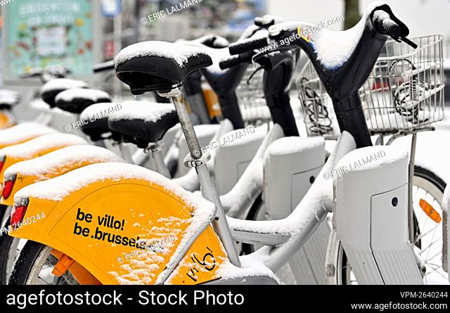 Illustration shows Villo bikes, Monday 08 February 2021, in Brussels. Snow fall and cold temperatures are forecast for the rest of the day