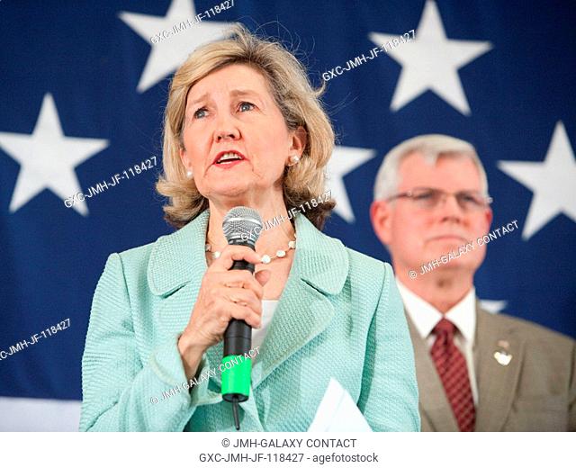 U.S. Senator Kay Bailey Hutchison (R.-Texas) speaks to a crowd on hand at Ellington Field's Hangar 990 near NASA's Johnson Space Center (JSC) during the STS-135...